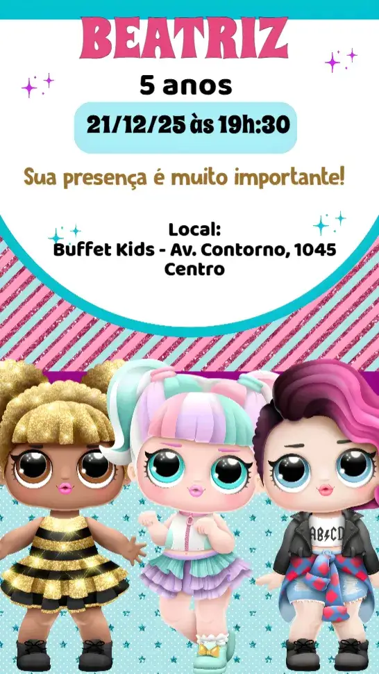 Convite LOL – tema Aniversário Infantil cores vibrantes, estilo divertido, elementos gráficos de bonecas, design alegre, tema de festa LOL