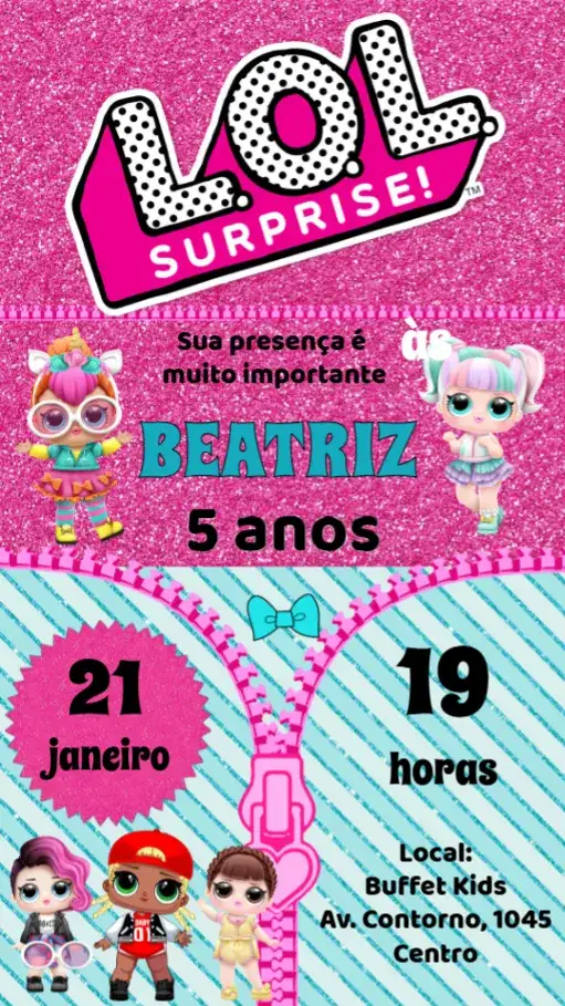 Convite LOL Surprise – tema Aniversário Infantil colorido, divertido, moderno, infantil, temático