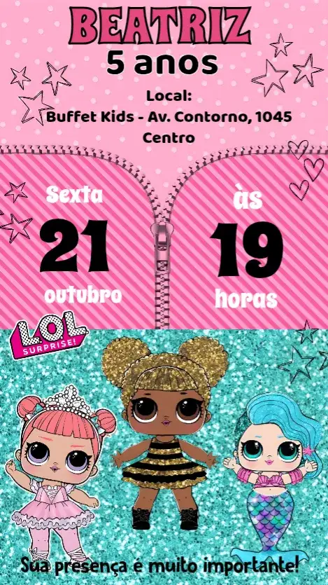 Convite Lol Surprise – tema colorido, divertido, temático, lúdico, alegre