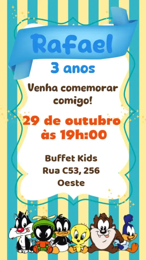 Convite Looney Tunes – tema Aniversário Infantil colorido, divertido, ilustrações animadas, estilo cartoon, vibrante, infantil