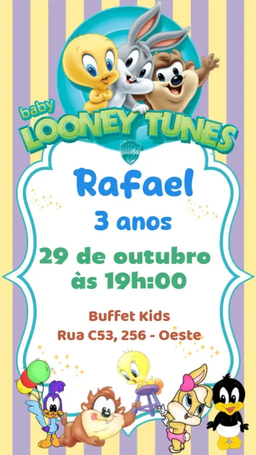 Convite Looney Tunes – tema Aniversário Infantil colorido, divertido, lúdico, temático, brincalhão