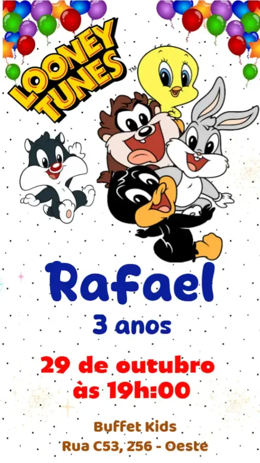Convite Looney Tunes – tema Aniversário Infantil colorido, divertido, temático, animado, infantil