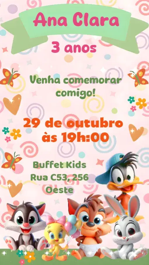 Convite Looney Tunes – tema Aniversário Infantil colorido, divertido, infantil, lúdico, temático