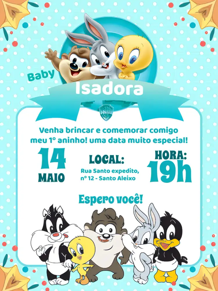 Convite Looney Tunes Baby – tema Mais pesquisados colorido, divertido, infantil, animado, brincalhão, temático