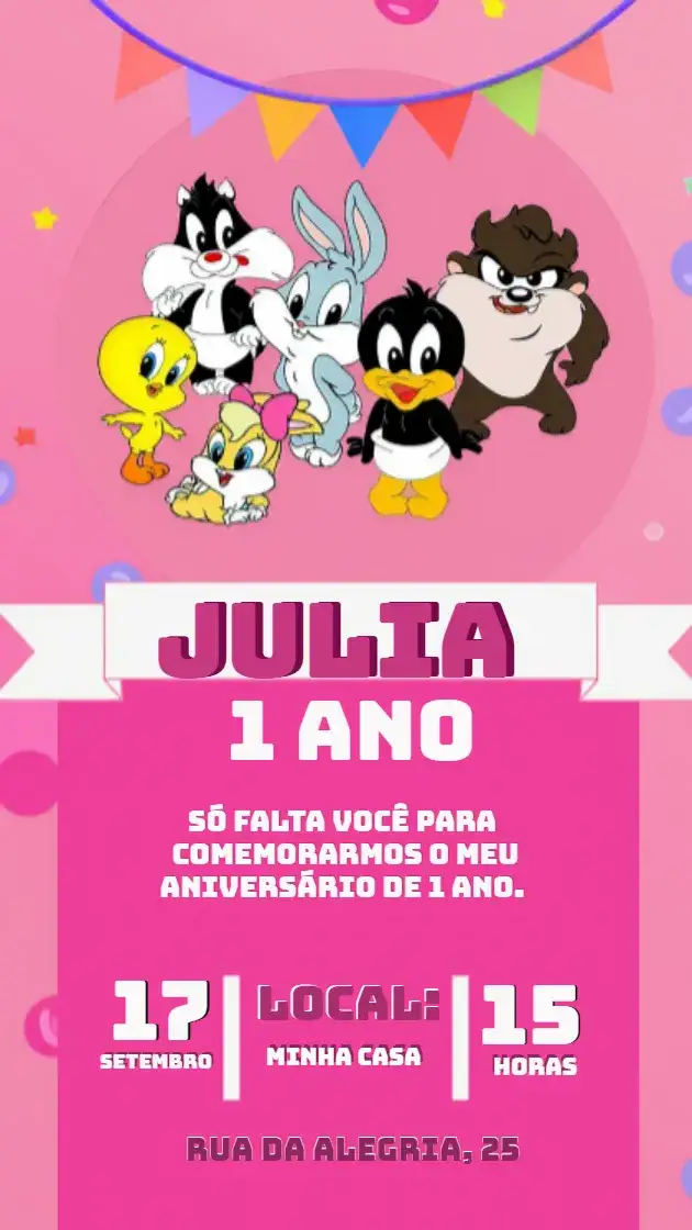 Convite Looney Tunes Baby Ano – tema Datas Comemorativas colorido, divertido, infantil, animado, brincalhão