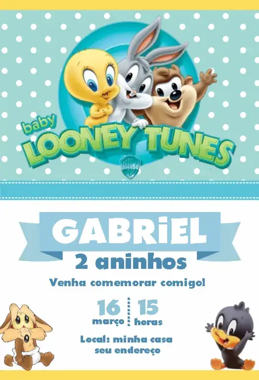 Convite Looney Tunes Baby Azul – tema Cartão azul claro, personagens animados, estilo lúdico, divertido, colorido, infantil
