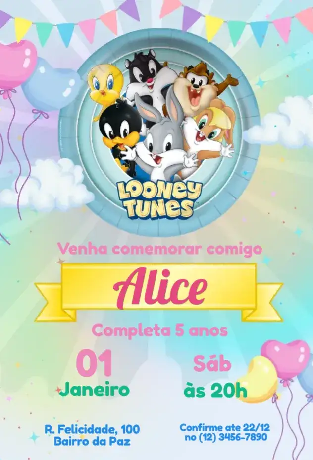 Convite Looney Tunes Baby Candy Color – tema Mais pesquisados candy color, divertido, colorido, temático, infantil, lúdico
