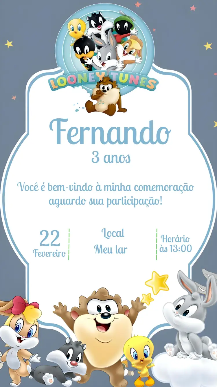 Convite Looney Tunes Baby Infantil