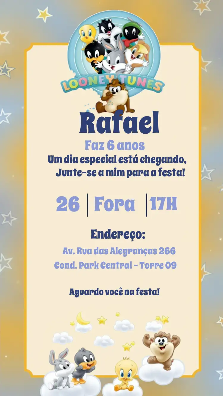 Convite Looney Tunes Baby Lonney – tema Mais pesquisados colorido, divertido, infantil, animado, brincalhão