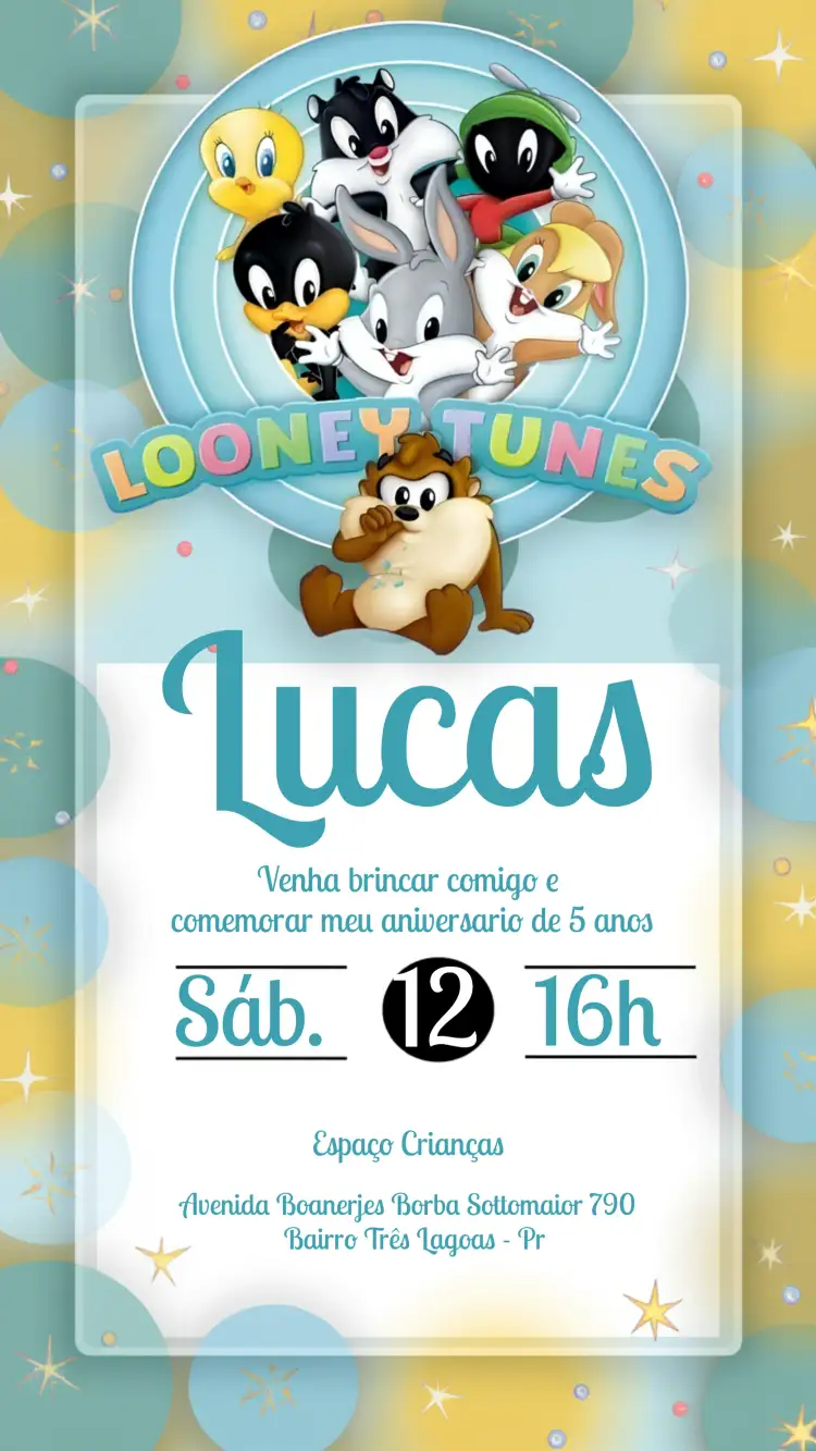 Convite Looney Tunes Baby Preto – tema Mais pesquisados moderno, infantil, temática Looney Tunes, colorido, divertido, estiloso