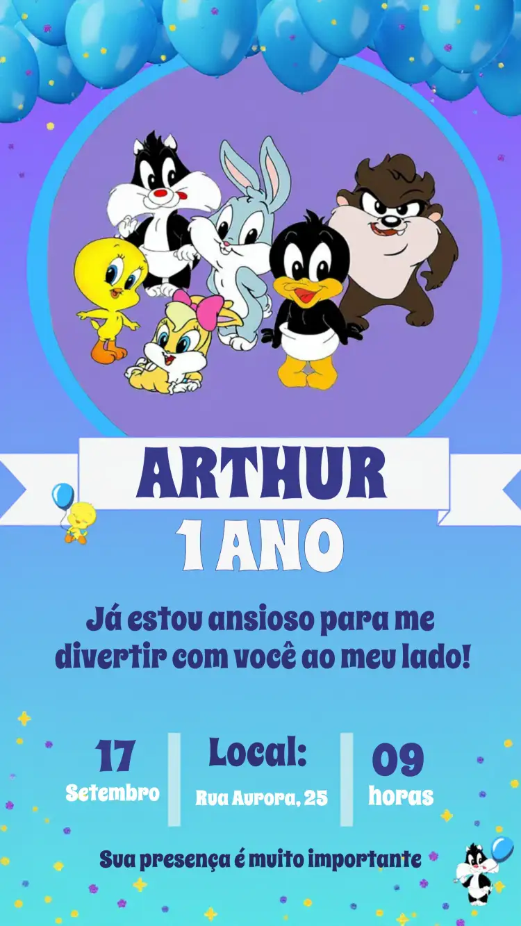 Convite Looney Tunes Baby Tasmania – tema Datas Comemorativas colorido, infantil, divertido, animado, caracteres clássicos, azul e branco