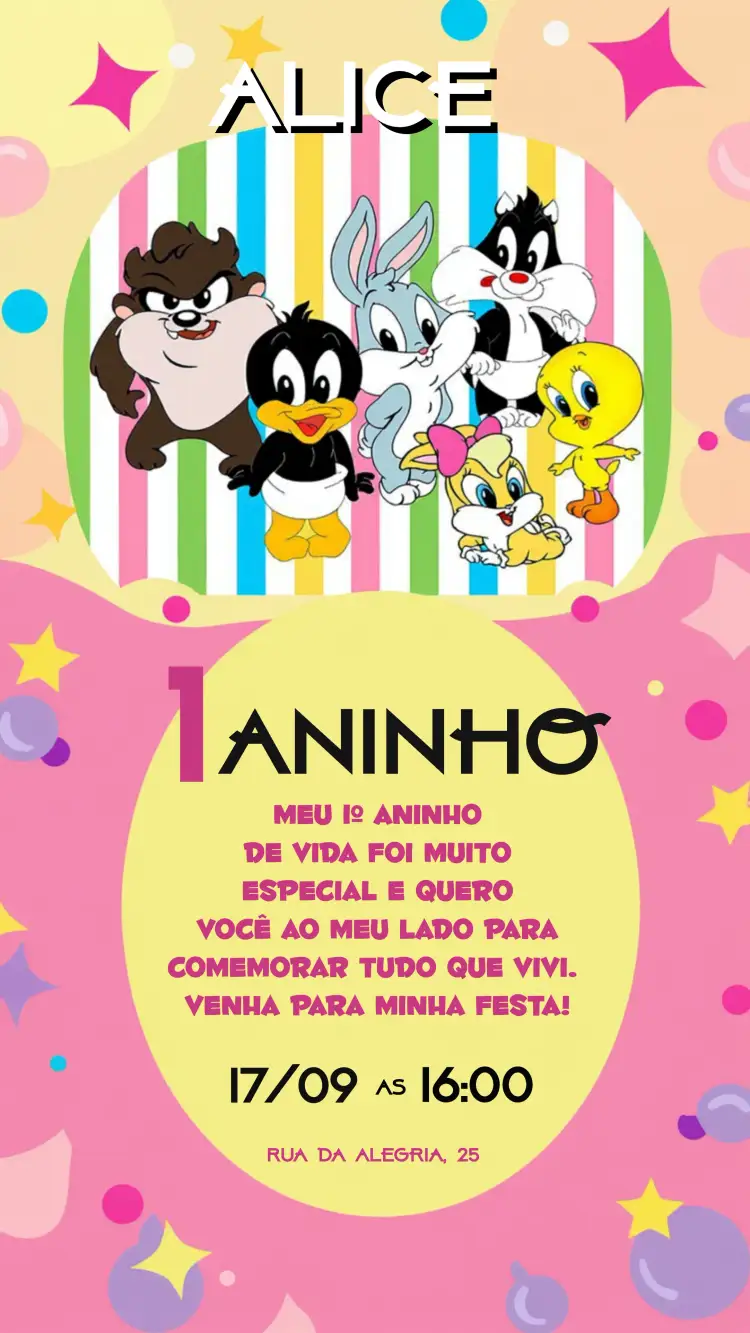 Convite Looney Tunes Baby Verde – tema Datas Comemorativas colorido, divertido, infantil, temático, vibrante
