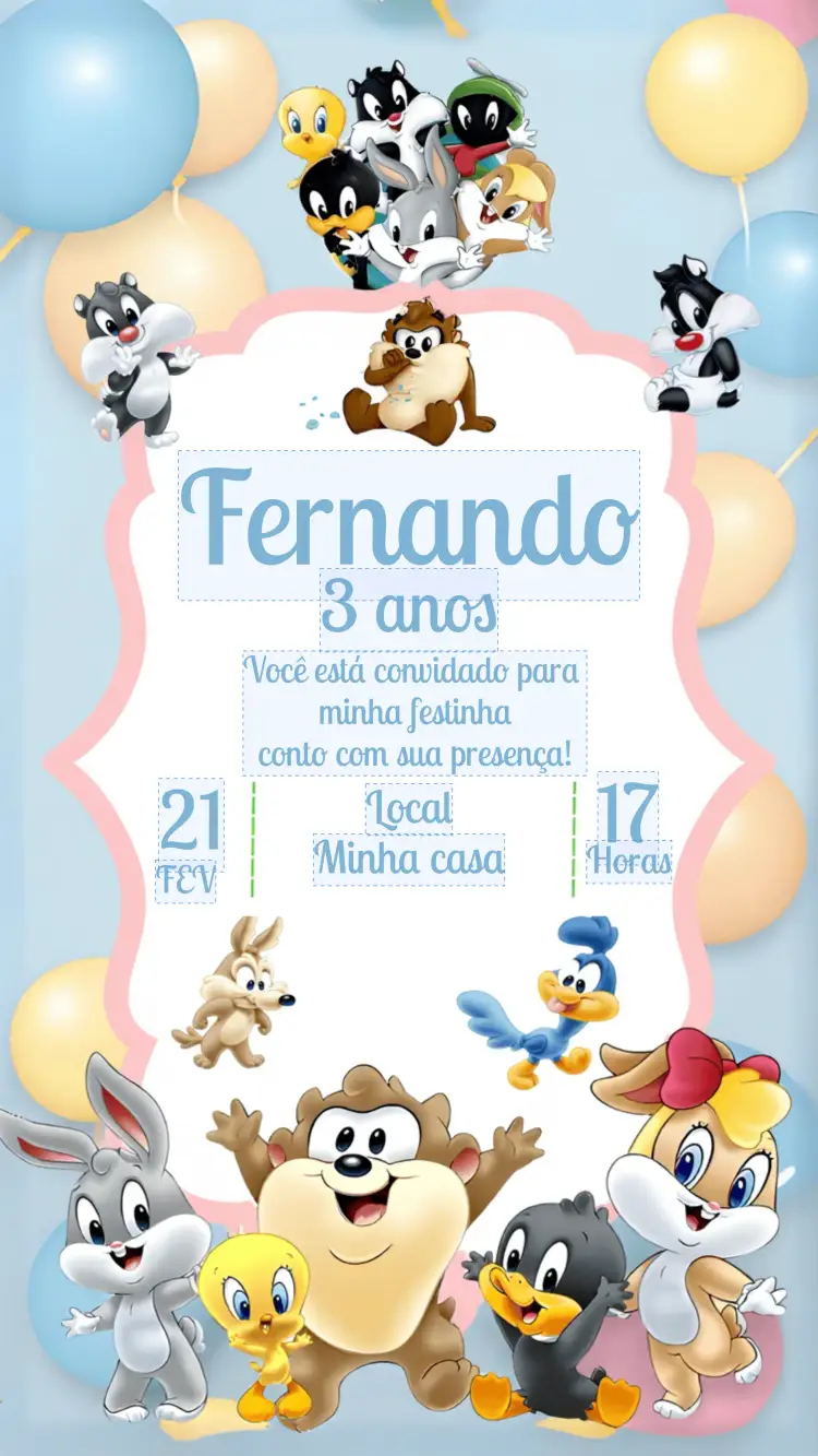 Convite Looney Tunes Branco