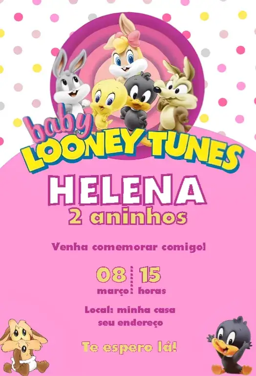 Convite Looney Tunes Rosa Menina – tema Aniversário Infantil rosa, divertido, infantil, animado, colorido