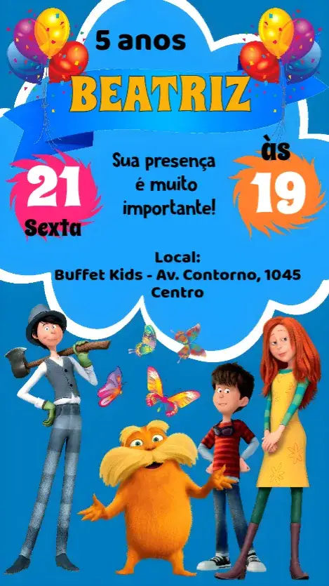 Convite Lorax – tema Aniversário Infantil Animação, Infantil, Personagens