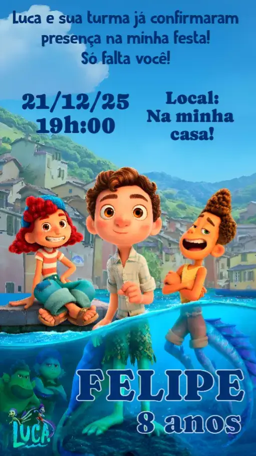 Convite Luca – tema Aniversário Infantil divertido, colorido, lúdico, moderno, infantil, alegre