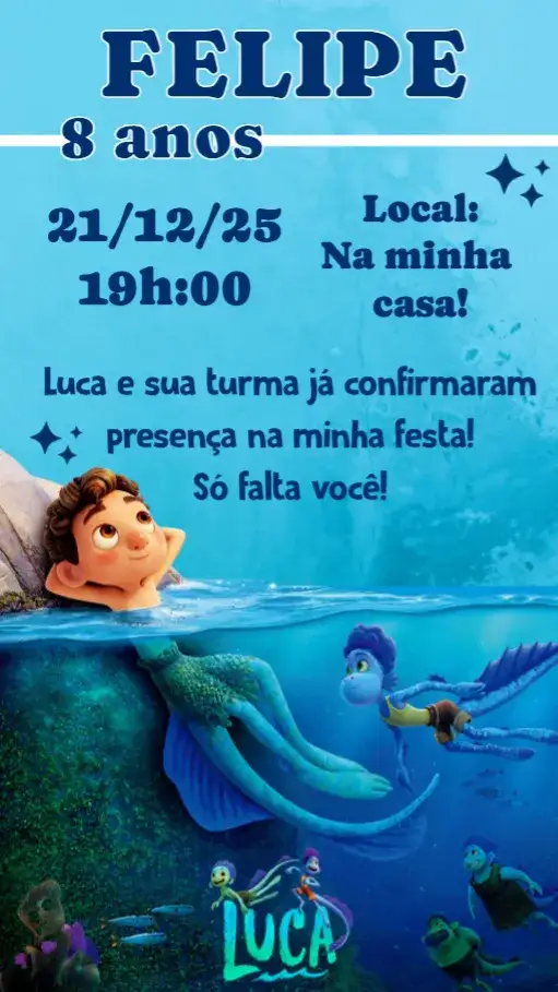Convite Luca – tema Aniversário Infantil colorido, lúdico, infantil, divertido, temático, alegre