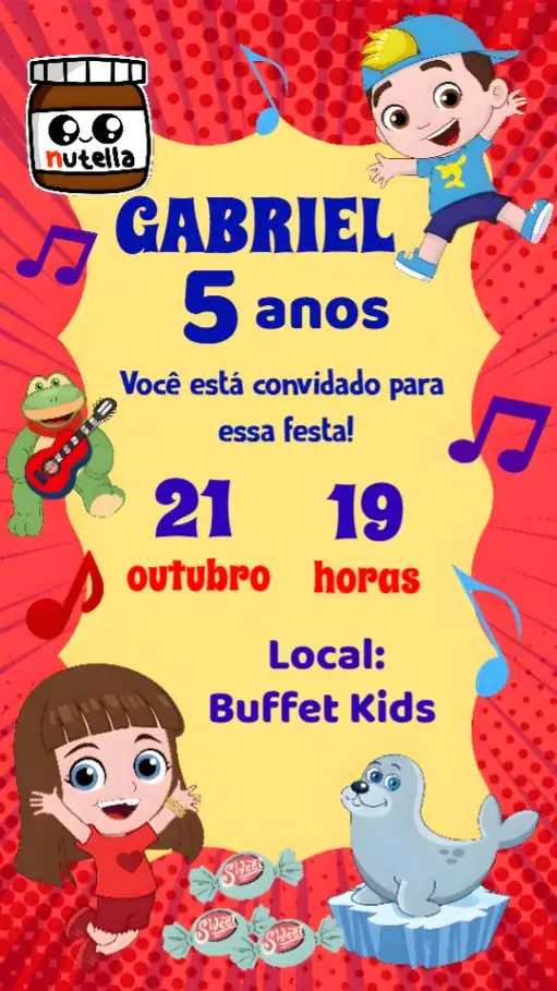Convite Lucas Neto – tema Aniversário Infantil infantil, desenho animado, música