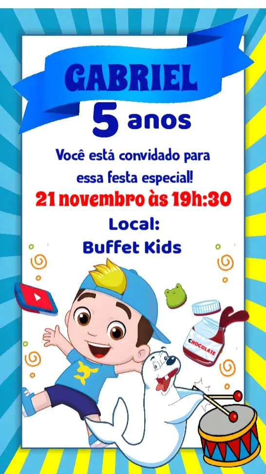 Convite Lucas Neto – tema Aniversário Infantil colorido, divertido, moderno, ilustrações infantis, temática de super-heróis, animais fofos