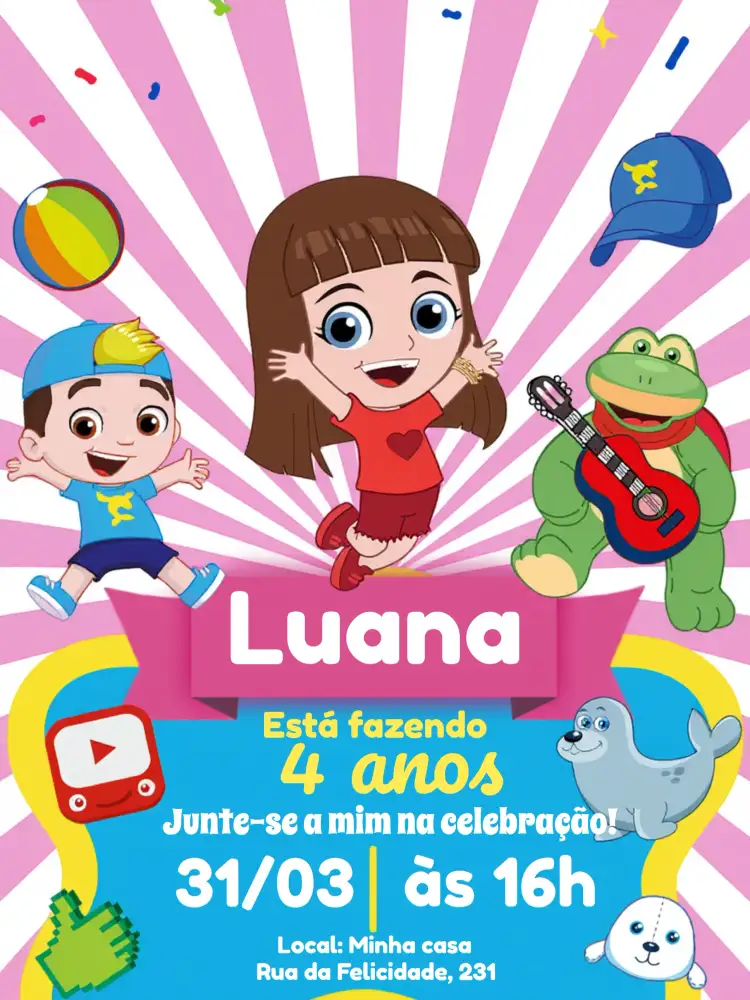 Convite Luccas Neto Aventureira – tema Mais pesquisados colorido, aventura, infantil, divertido, moderno