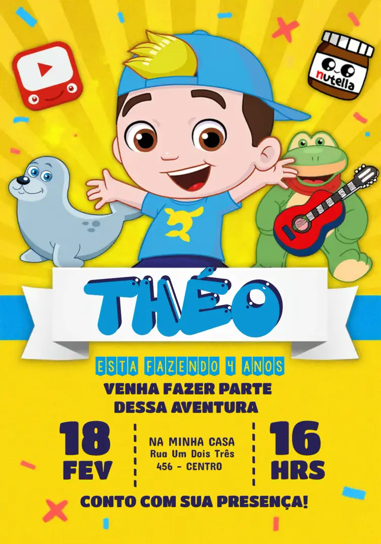 Convite Luccas Neto Branco – tema Mais pesquisados colorido, divertido, lúdico, moderno, infantil