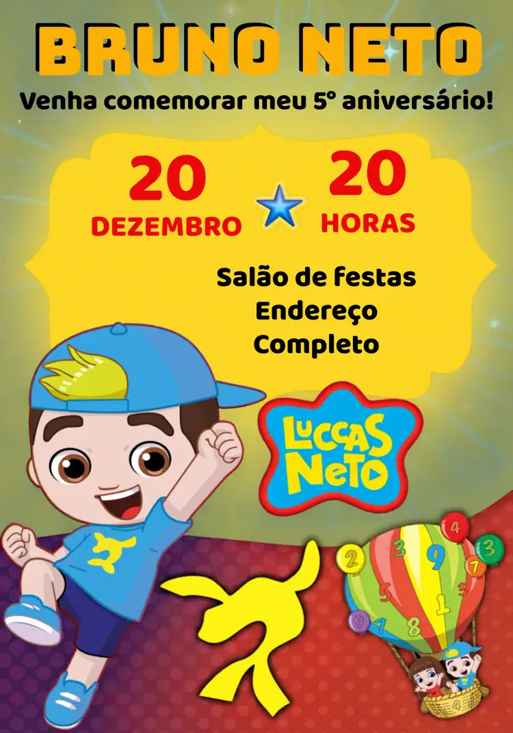 Convite Luccas Neto Vermelho – tema Mais pesquisados colorido, divertido, infantil, moderno, lúdico