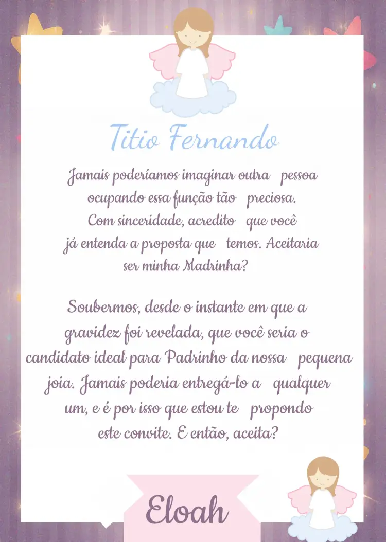 Convite Madrinha De Consagração Batizado – tema Batizado rosa e azul, infantil, anjinhos, minimalista, colorido, moderno