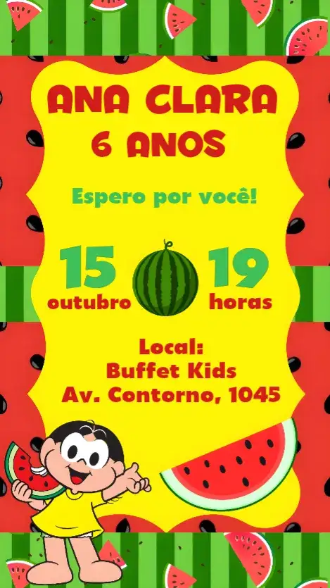 Convite Magali – tema Aniversário Infantil divertido, colorido, infantil, temático, vibrante