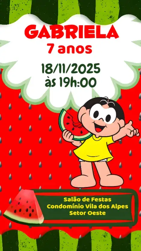 Convite Magali – tema Aniversário Infantil frutas, colorido, divertido, lúdico, tropical
