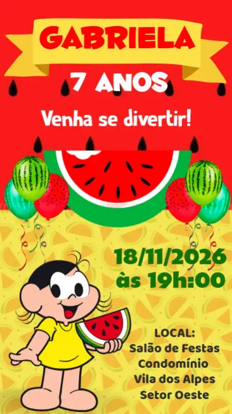 Invitación Magali – tema Aniversário Infantil vibrante, colorido, divertido, lúdico, infantil, brincalhão