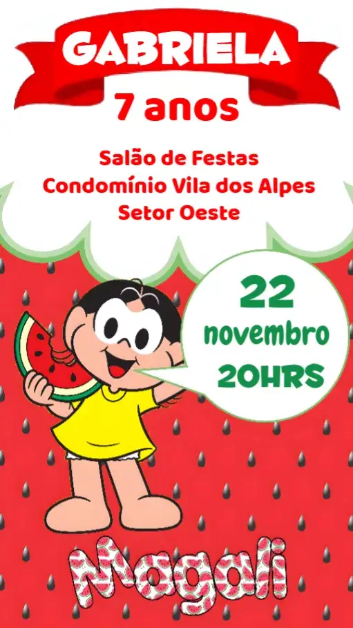 Convite Magali – tema Aniversário Infantil colorido, divertido, lúdico, frutas, infantil, animado
