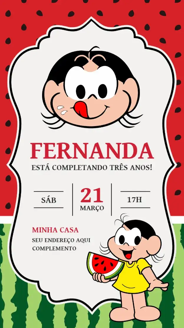 Convite Magali – tema Aniversário Infantil colorido, divertido, infantil, personagens, temático, alegre