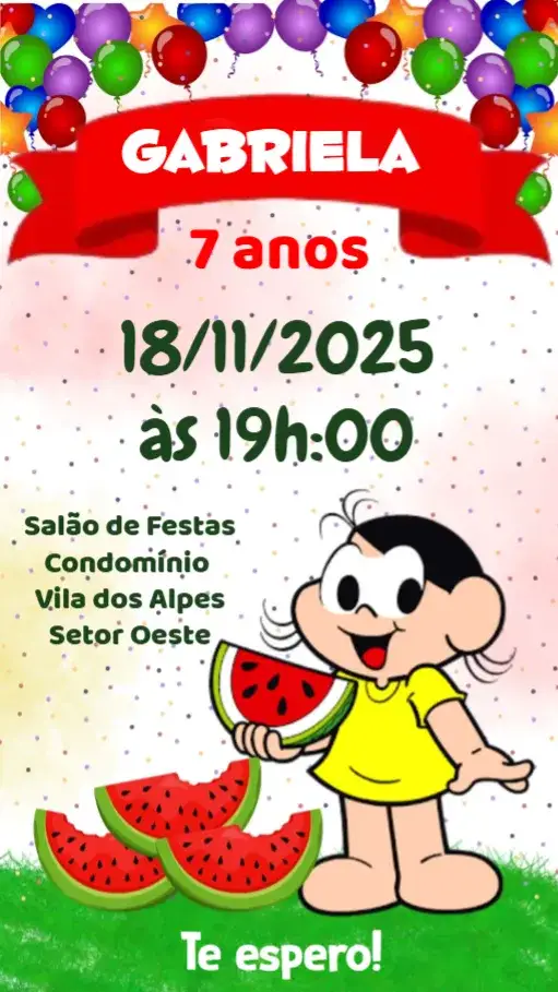 Convite Magali – tema Aniversário Infantil cores vibrantes, estilo divertido, elementos gráficos de infância, design alegre, temas coloridos, ilustrações lúdicas