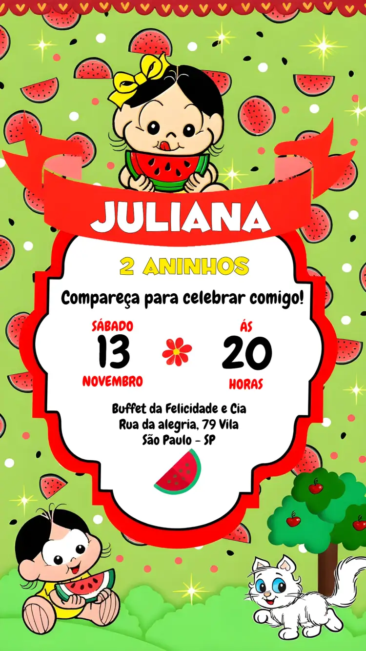 Convite Magali Baby Melancia Verde – tema Mais pesquisados cores vibrantes, estilo lúdico, elementos gráficos infantis, design alegre, temática de frutas, estilo moderno