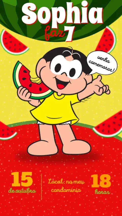 Convite Magali da Turma da Mônica – tema Aniversário Infantil divertido, colorido, infantil, lúdico, alegre, tropical