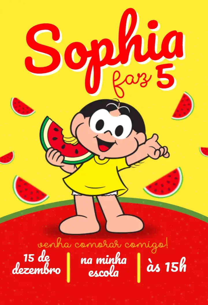 Convite Magali da Turma da Mônica – tema Aniversário Infantil colorido, divertido, infantil, temático, brincalhão, alegre