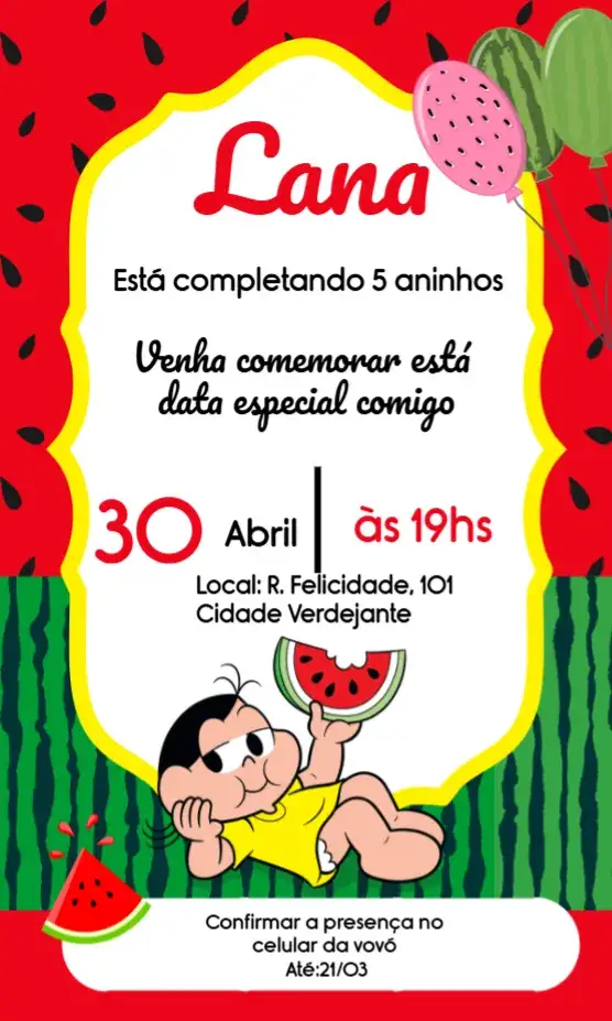 Convite Magali Mônica – tema Mais pesquisados vermelho, verde, divertido, infantil, colorido, lúdico