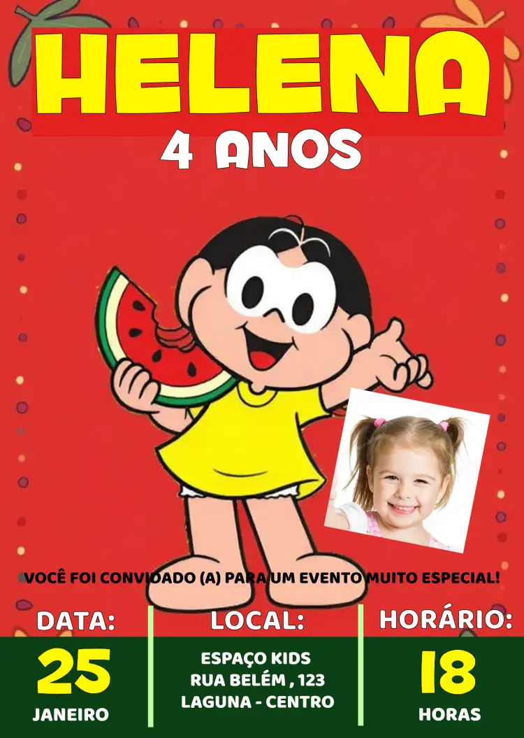 Convite Magali Turma Da Mônica Com Foto Vermelho – tema Aniversário Infantil colorido, infantil, brincalhão, turma da Mônica, vermelho e amarelo, divertido