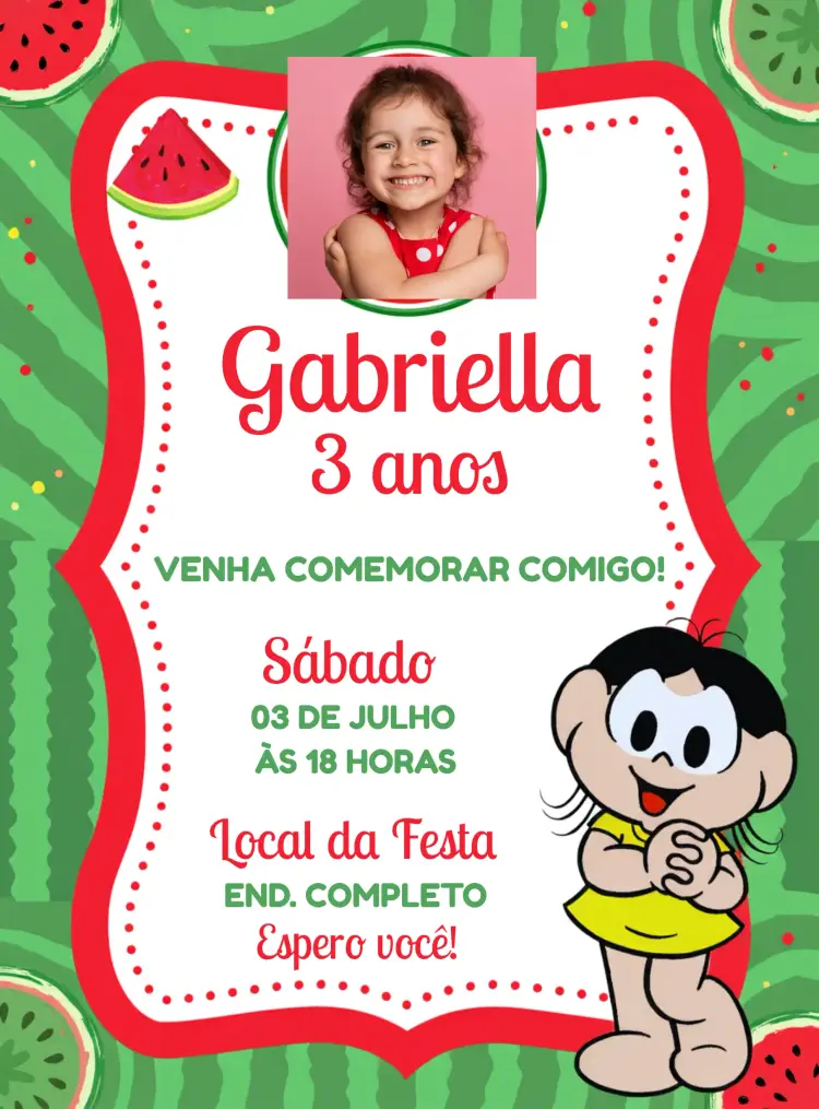 Convite Magali Turma Da Mônica Com Foto Melancia editável e personalizável