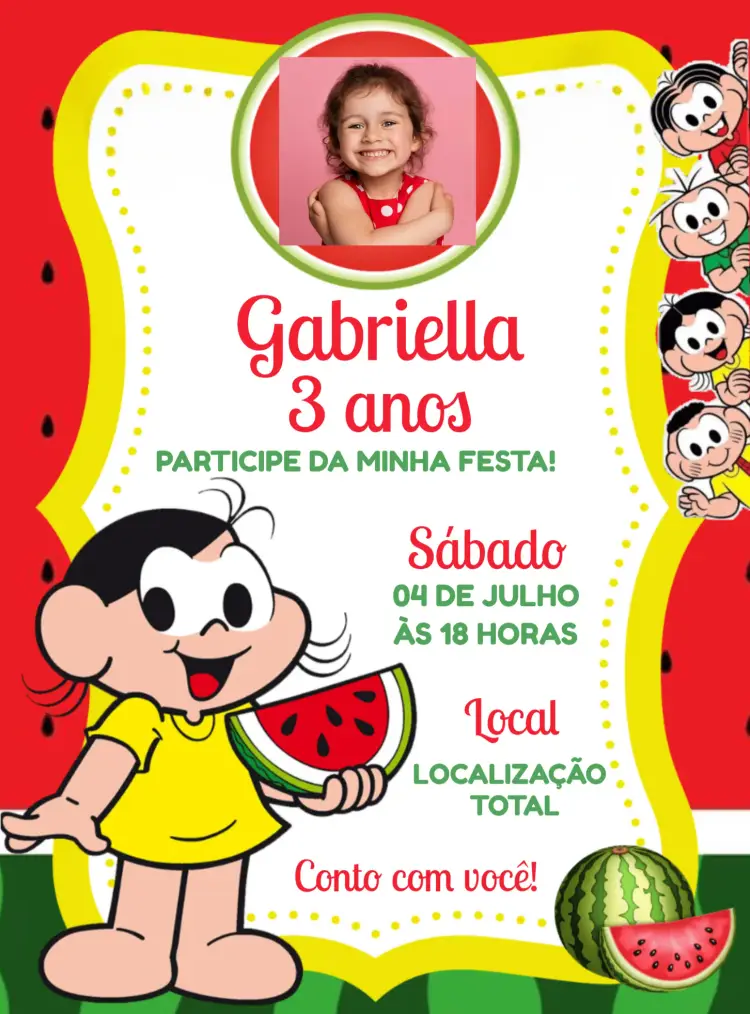 Convite Magali Turma Da Mônica Com Foto Melancia editável e personalizável