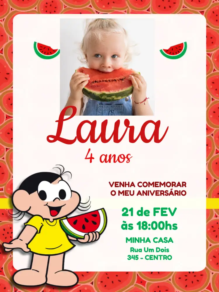 Convite Magali Turma Da Mônica Com Foto Monica – tema Aniversário Infantil colorido, lúdico, divertido, infantil, tropical, brincalhão