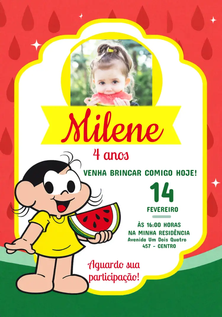 Convite Magali Turma Da Mônica Com Foto Rosa editável e personalizável