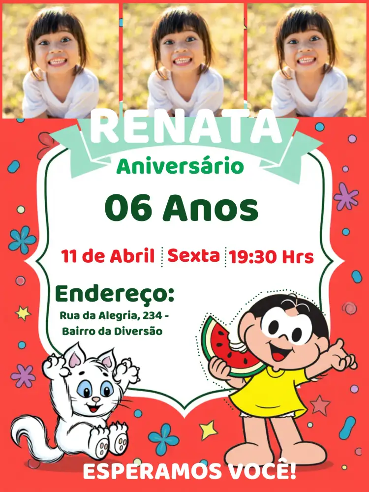 Convite Magali Turma Da Mônica Com Fotos Verde – tema Aniversário Infantil colorido, divertido, infantil, ilustração, moderno