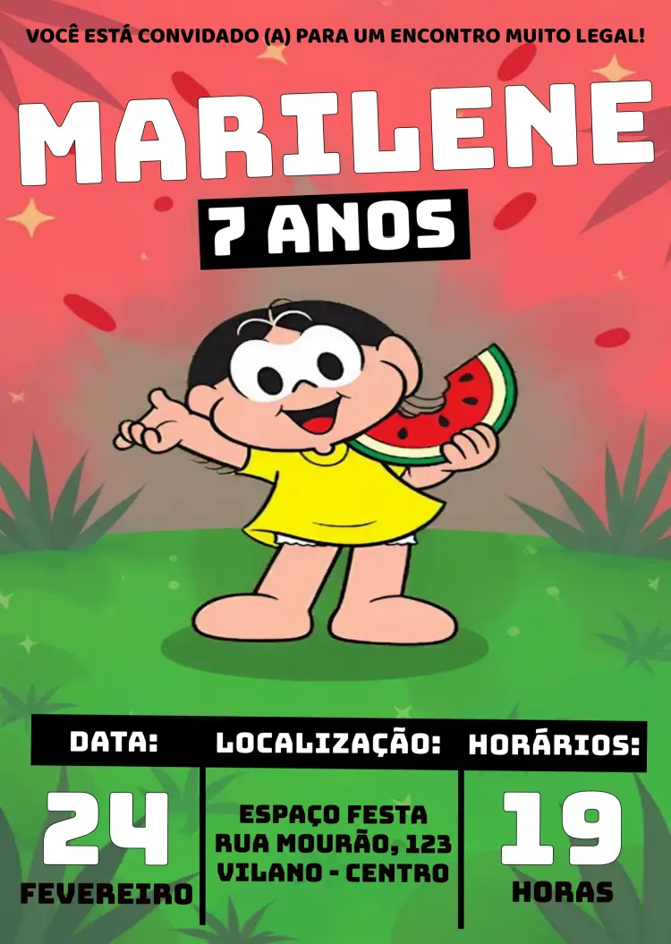 Convite Magali Turma Da Mônica Infantil editável e personalizável