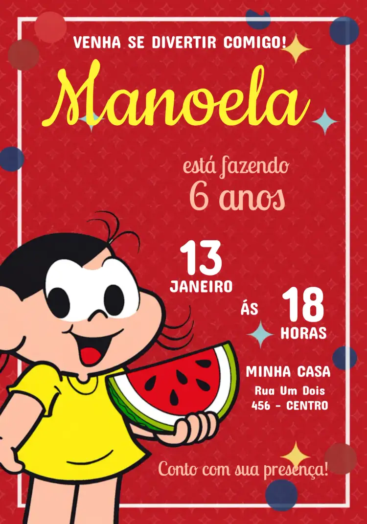 Convite Magali Turma Da Mônica Melancia – tema Aniversário Infantil colorido, divertido, infantil, frutal, animado, turma da Mônica