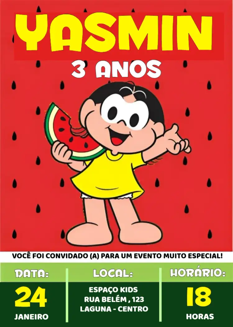 Convite Magali Turma Da Mônica Melância Amarelo – tema Aniversário Infantil colorido, divertido, lúdico, infantil, temático