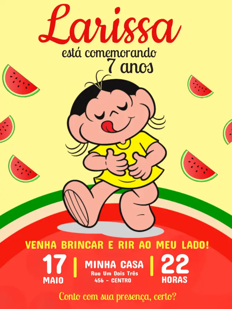 Convite Magali Turma Da Mônica Melancia editável e personalizável