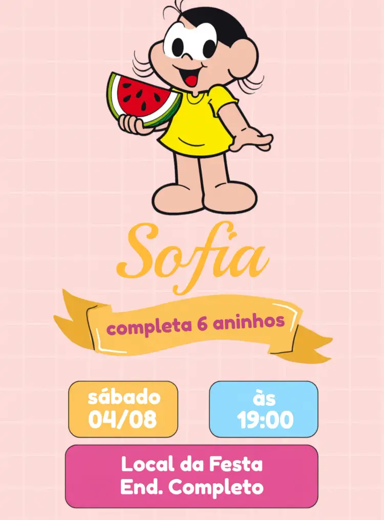 Convite Magali - Turma Da Monica Rosa – tema Aniversário Infantil cores vibrantes, estilo divertido, elementos gráficos de frutas, design alegre, tonalidade rosa, ilustrações infantis