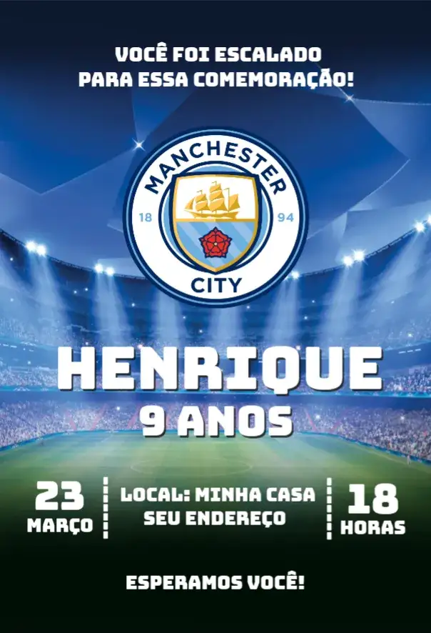 Convite Manchester City 1 – tema Aniversário futebol, moderno, vibrante, esportivo, dinâmico
