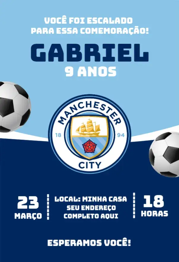 Convite Manchester City 3 – tema Aniversário azul e branco, moderno, esportivo, vibrante, dinâmico